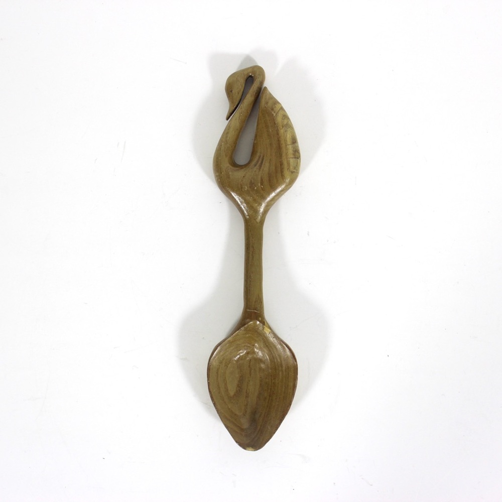 Hand Carved Wood Spoon Folk Art Treen Welsh Love Spoon Swan Handle